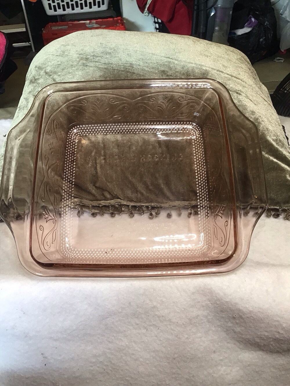 Vintage Pink Glass Square Casserole Dish Anchor Hocking Mayfair Open Rose 8x8